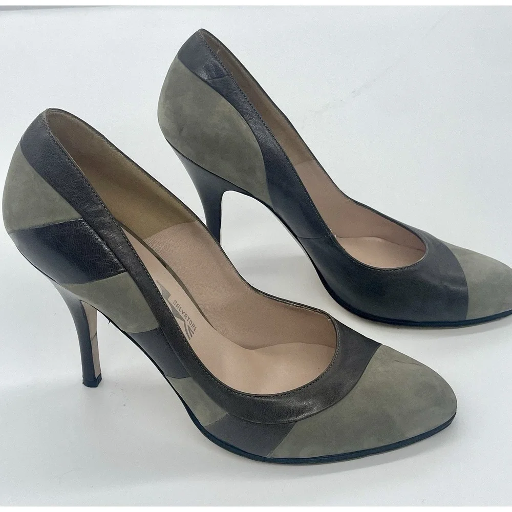 Salvatore Ferragamo Gray Italian Leather Heels Sz 9 Shoes Pumps Designer